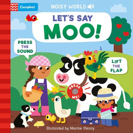 Titel: LET'S SAY MOO! Illustration mit Kindern, Tieren und Sprechblasen: "PRESS THE SOUND", "LIFT THE FLAP", "PRESS ME!".