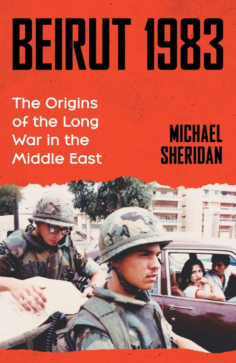 Text: "Cover to be revealed. The Knife Edge. Michael Sheridan. Headline Press." Hintergrund zweifarbig in Rosa und Weiß.