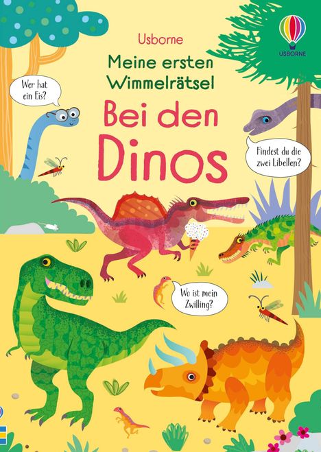 Titel: "Meine ersten Wimmelrätsel: Bei den Dinos". Verschiedene bunte Dinosaurier und Sprechblasen mit Fragen.