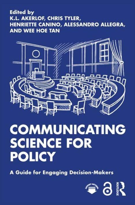 "Communicating Science for Policy" steht in großen Buchstaben. Illustration eines Sitzungssaals mit halbkreisförmigen Sitzreihen.