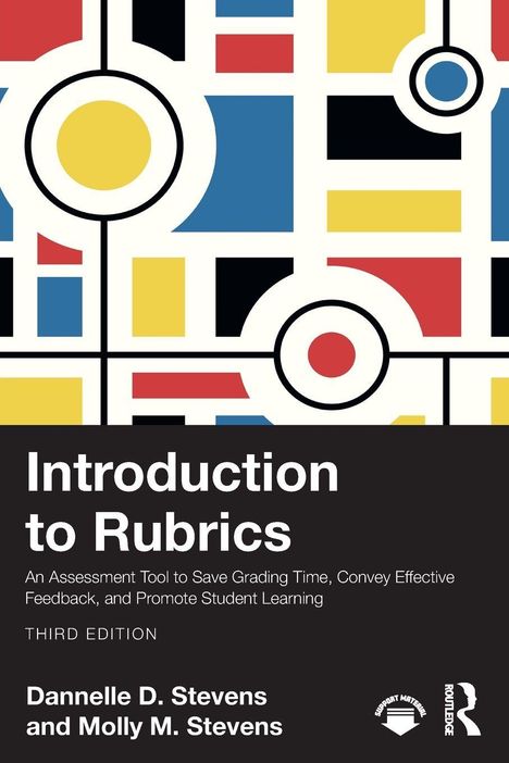 "Introduction to Rubrics" steht groß, darunter kleinerer Text. Oben farbige geometrische Muster in Rot, Blau, Gelb, Schwarz.