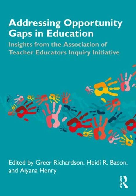 "Addressing Opportunity Gaps in Education" oben, bunte Handabdrücke verteilt auf blauem Hintergrund.