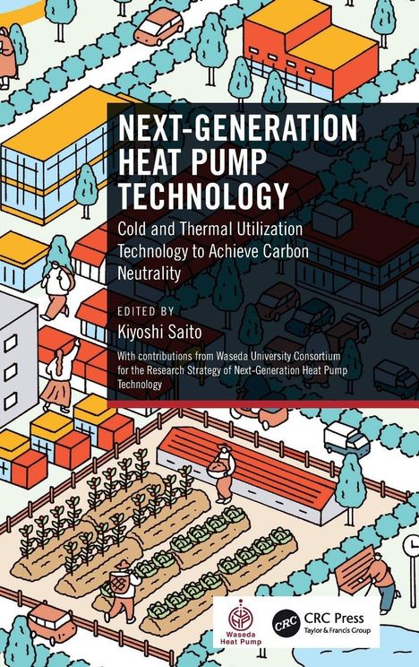 "NEXT-GENERATION HEAT PUMP TECHNOLOGY" steht im Fokus, ergänzt durch Illustrationen einer Stadtlandschaft mit Gärten und Personen.