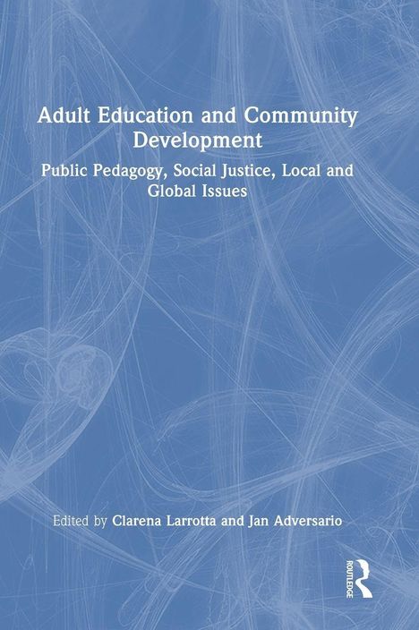 "Adult Education and Community Development" in Weiß auf blauem Hintergrund, stilisierte Muster.