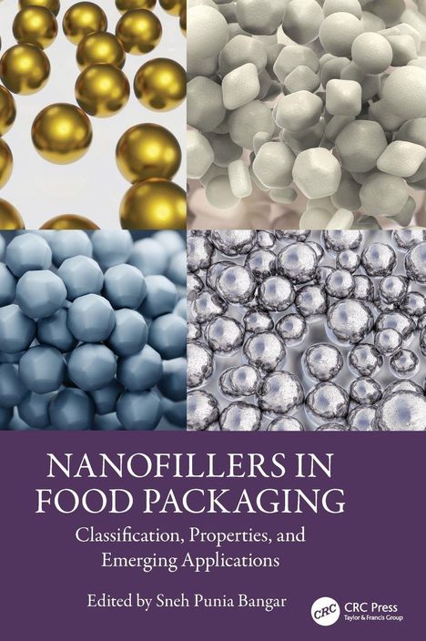 "NANOFILLERS IN FOOD PACKAGING" in Weiß auf Lila. Vier Bilder mit unterschiedlichen kugelartigen Strukturen.
