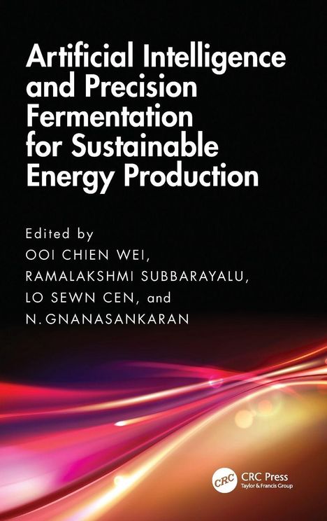 Text: "Artificial Intelligence and Precision Fermentation for Sustainable Energy Production." Vielfarbige Lichtstreifen unten.