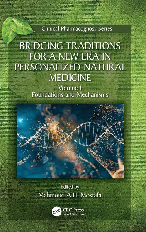 "Bridging Traditions for a New Era in Personalized Natural Medicine, Volume 1" vor blauem Hintergrund mit weißem Muster.