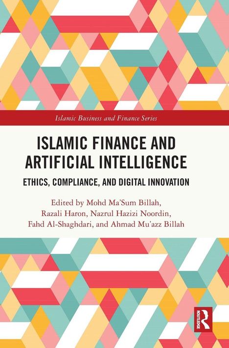 "Islamic Finance and Artificial Intelligence: Ethics, Compliance, and Digital Innovation" in schwarzem Text. Geometrische Muster oben und unten.