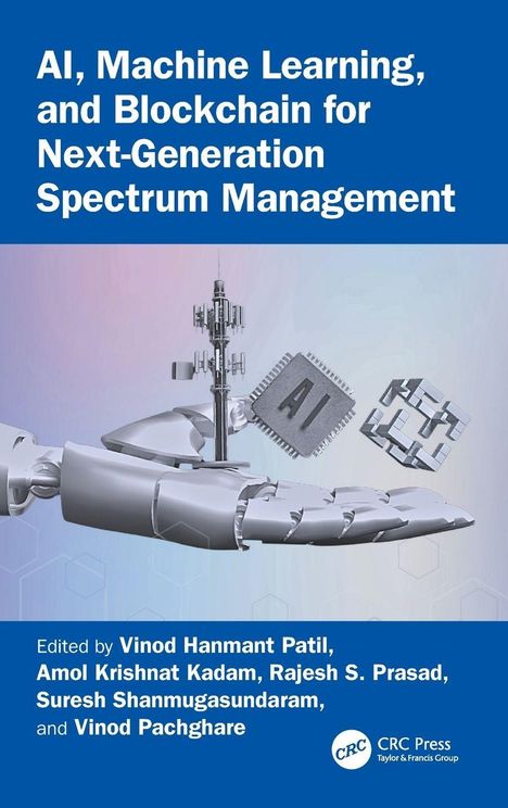 "AI, Machine Learning, and Blockchain for Spectrum Management." Roboterarm hält AI- und Blockchain-Symbole, blaue Töne.