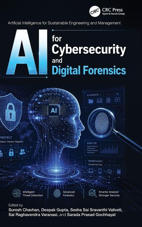 „AI for Cybersecurity and Digital Forensics“ auf schwarzem Hintergrund. Illustration eines digitalen Kopfes mit Schaltkreisen.
