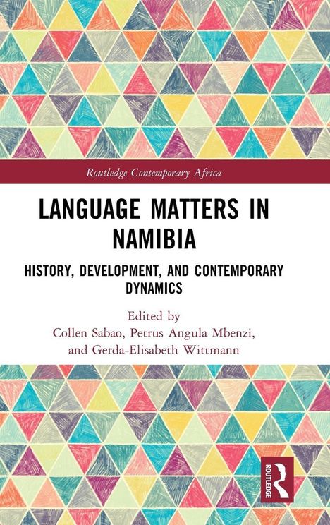 "Language Matters in Namibia: History, Development, and Contemporary Dynamics" auf buntem geometrischem Hintergrund.