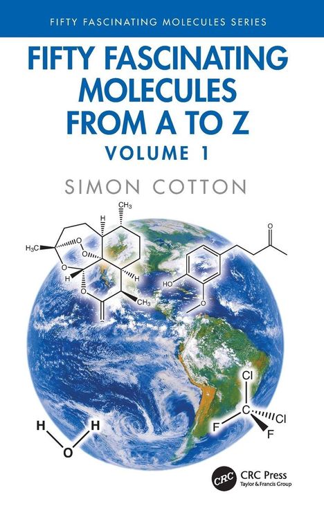 Text: "Fifty Fascinating Molecules from A to Z, Volume 1, Simon Cotton." Blaues Cover mit abstraktem, weißem Muster.