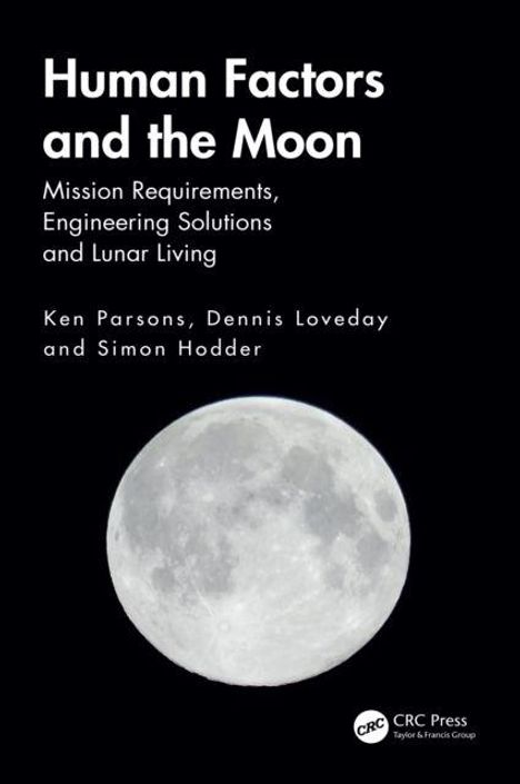 "Human Factors and the Moon" steht oben, darunter Text über Missionsanforderungen. Ein Bild des Mondes am unteren Rand.