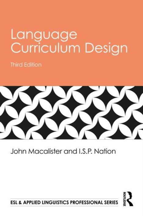 Text: "Language Curriculum Design, Third Edition, John Macalister and I.S.P. Nation." Schwarze Muster auf weißem Hintergrund.