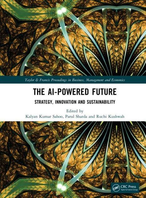 „The AI-Powered Future: Strategy, Innovation and Sustainability“ vor organischem, spiralförmigem Hintergrund.