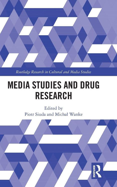 "Media Studies and Drug Research", herausgegeben von Piotr Siuda und Michał Wanke. Geometrisches Muster aus Lila-Tönen.