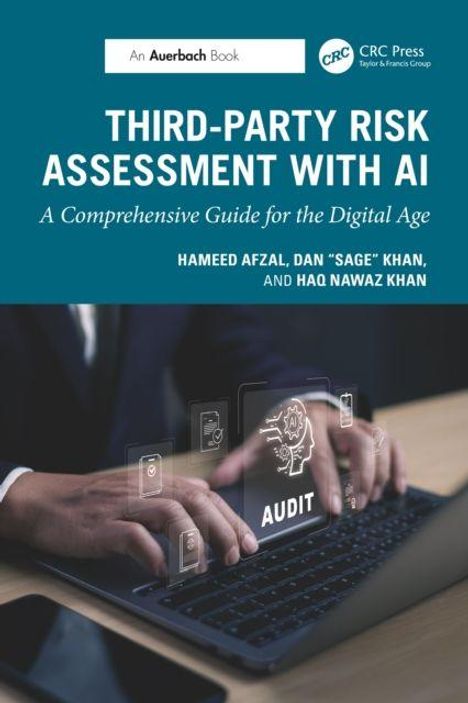 Titel: "THIRD-PARTY RISK ASSESSMENT WITH AI". Abbildung: Hand benutzt Laptop mit virtuellem "AUDIT"-Symbol.