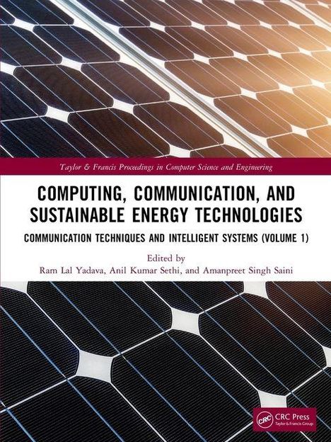 Titel: "Computing, Communication, and Sustainable Energy Technologies". Solarpanel-Hintergrund und CRC Press Logo.