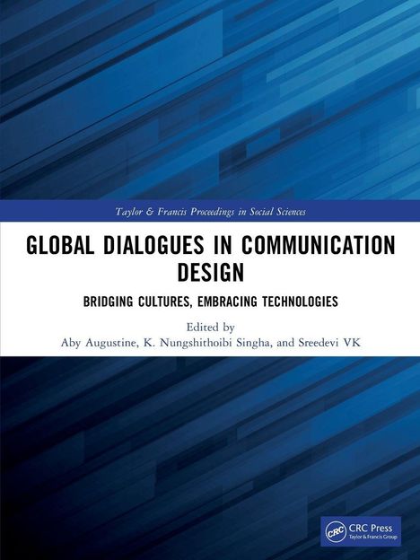 Buchtitel "Global Dialogues in Communication Design". Blaue geometrische Muster im Hintergrund.