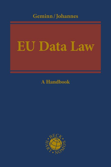 Text: "Geminn / Johannes, EU Data Law, A Handbook." Dunkelblaues Cover mit rotem Feld und Verlagslogo unten.