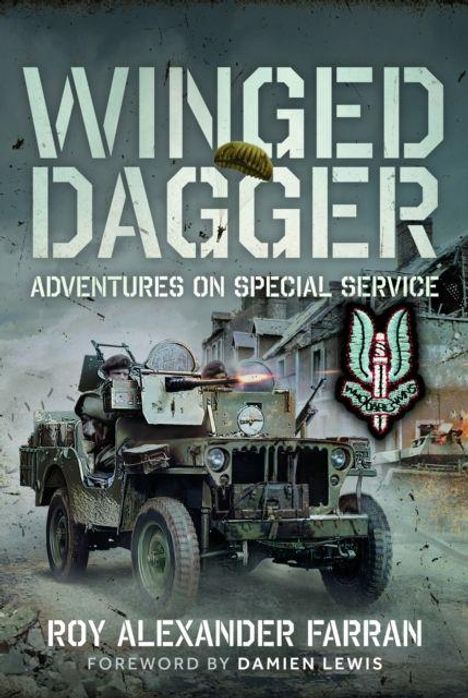 Text: "Winged Dagger: Adventures on Special Service". Ein Jeep im Kriegsszenario, militärisches Abzeichen im Hintergrund.
