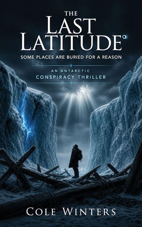 "The Last Latitude. Some places are buried for a reason. An Antarctic conspiracy thriller. Cole Winters."

Eine Person steht zwischen hohen Eiswänden.