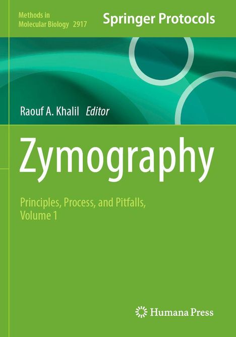 "Zymography" auf grünem Hintergrund, Raouf A. Khalil als Herausgeber erwähnt, Springer Protocols, Humana Press-Logo.