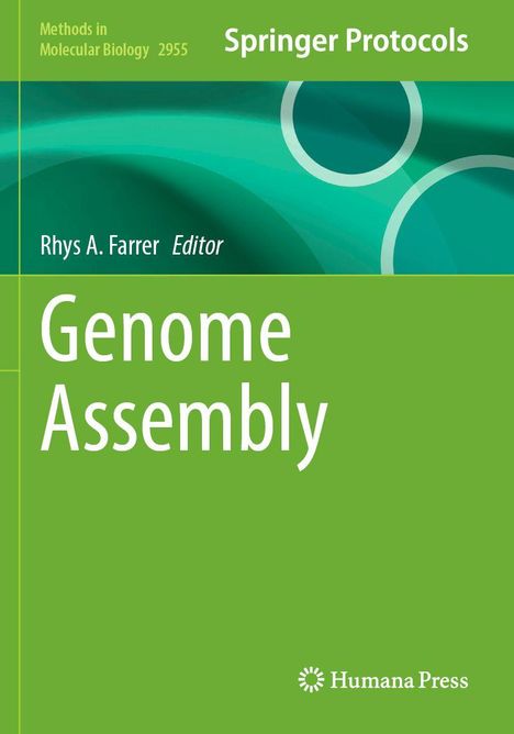 Springer Protocols Buchcover, Text: "Genome Assembly", "Rhys A. Farrer Editor", Grüntöne mit Kreisen, Logo unten.