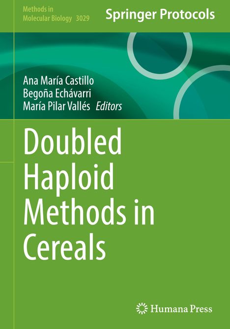 Oben: "Methods in Molecular Biology 3029", "Springer Protocols". Titel: "Doubled Haploid Methods in Cereals". Grün, schlicht.