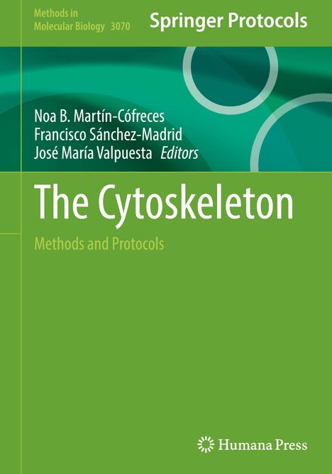Text oben: "Springer Protocols". Darunter: Titel "The Cytoskeleton". Grüner Hintergrund mit abstrakten Kreisen.