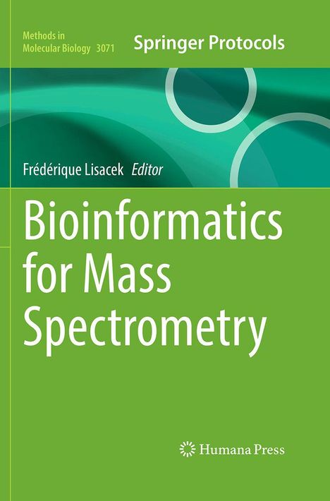 "Bioinformatics for Mass Spectrometry" oben und "Humana Press" unten. Grüner Hintergrund mit Kreismustern.