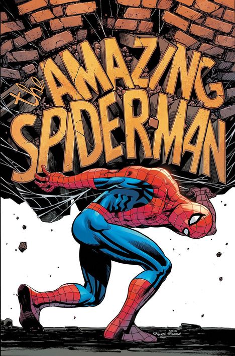 "The Amazing Spider-Man" steht groß. Ein zerschlissener Spider-Man sitzt angespannt auf einer Feuerleiter in einem dunklen Innenhof.