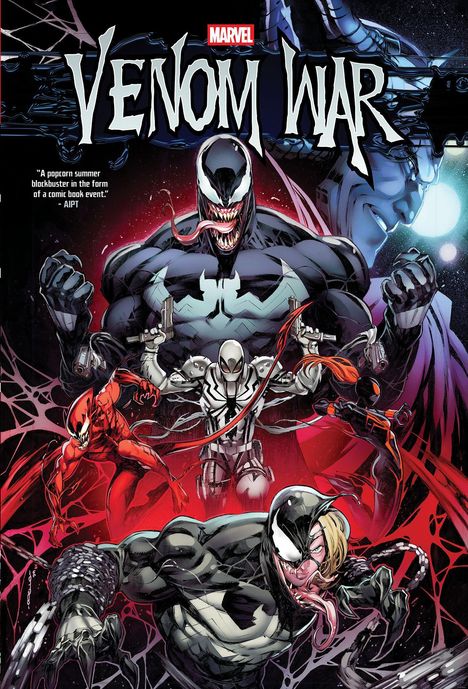Text: "VENOM WAR". Comic-Illustration mit mehreren Figuren. Dominiert von Venom, schwarzer Körper, große Zähne.