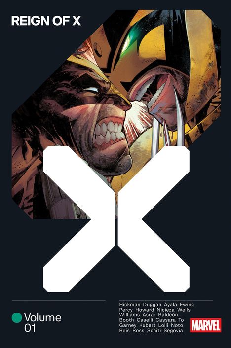 Oben steht „REIGN OF X“. Illustration: Zwei Figuren mit grimmigen Gesichtern und scharfen Zähnen, in einem Kampf.
