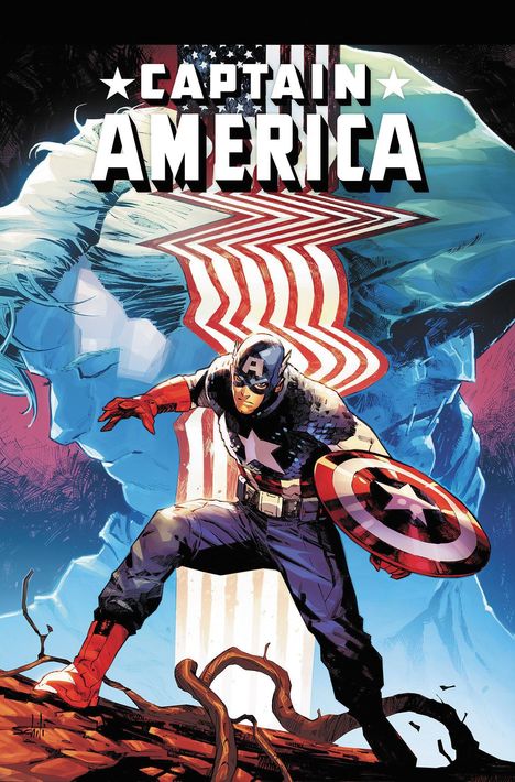 "CAPTAIN AMERICA" in fetten Buchstaben. Illustration: Captain America in dynamischer Pose mit Schild im Vordergrund.