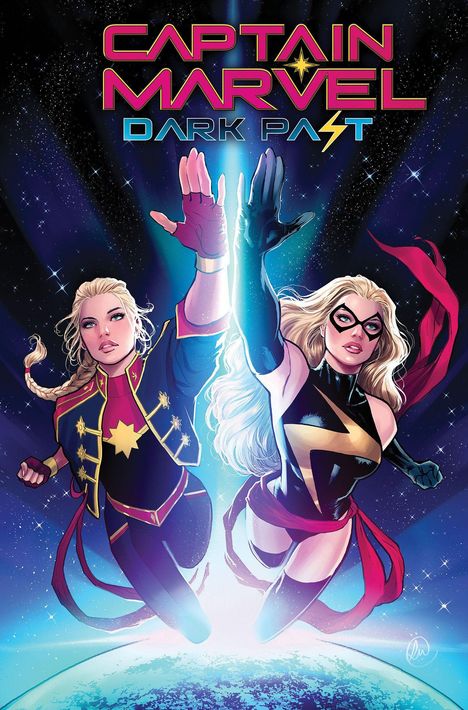 „Captain Marvel: Dark Past“ in leuchtenden Farben, zwei Superheldinnen fliegen in Weltraum, Erde im Hintergrund. Illustration.