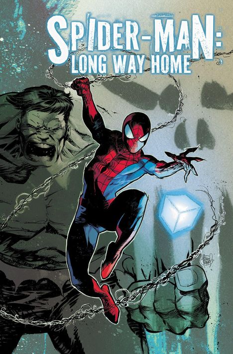 "Spider-Man: Long Way Home". Comic-Illustration zeigt Spider-Man in Aktion, schlägt mit Netz zu, grüne Kreatur im Hintergrund.