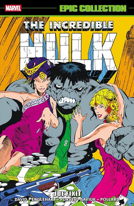 "The Incredible Hulk". Grau-grüner Riese mit zwei Frauen. Geldscheine, Münzen und ein Gewehr sind vor ihnen. Comic-Stil.