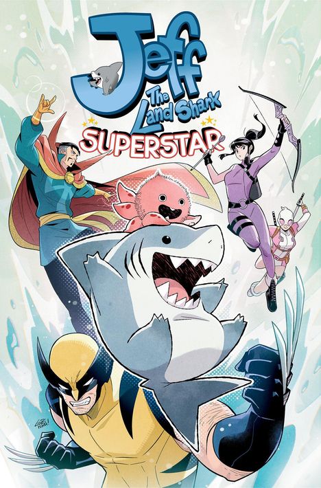 „Jeff the Land Shark Superstar“ in verspielten Buchstaben, Comicfiguren in actionreicher Pose, Hai im Vordergrund.