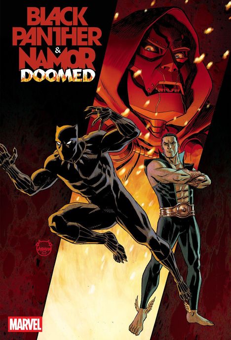 "BLACK PANTHER & NAMOR DOOMED." Illustration mit Black Panther, Namor und einem großen maskierten Gesicht im Hintergrund.