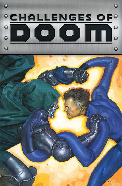 Text: "CHALLENGES OF DOOM". Illustration zweier sich bekämpfender Figuren, eine in Metallrüstung, die andere in Blau.