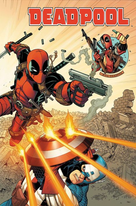 Oben steht "DEADPOOL". Im Hintergrund hält eine Figur Waffen. Im Vordergrund kämpft Deadpool mit Captain America.