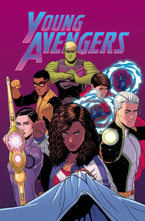 Text "Young Avengers"; Illustration von sechs jungen Superhelden in dynamischen Posen vor lila Hintergrund.