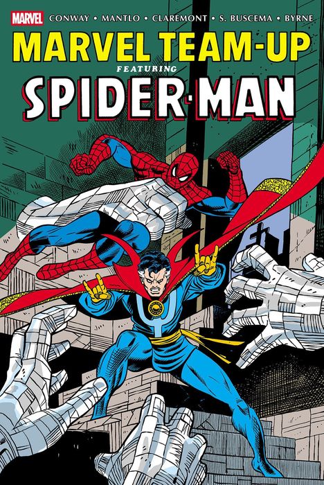 "Marvel Team-Up featuring Spider-Man" in großer Schrift. Comic-Illustration mit Spider-Man und einem Magier, umgeben von riesigen Händen.