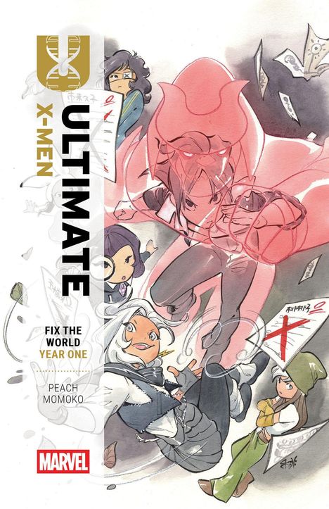 Texte: "ULTIMATE X-MEN", "FIX THE WORLD YEAR ONE", "PEACH MOMOKO", "MARVEL". Illustration von Superhelden in Aktion.