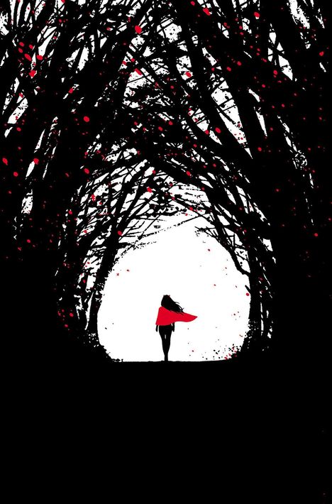 Illustration: Eine Person mit rotem Umhang in einem dunklen Wald, durchbrochen von roten Spritzern.