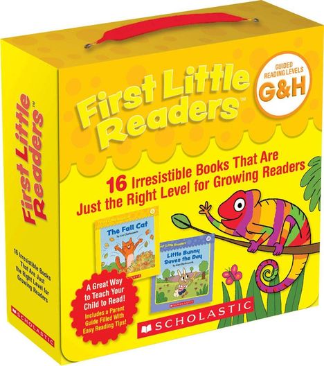 "First Little Readers," 16 Bücher für wachsende Leser. Gelbes Cover mit einem bunten Chamäleon.