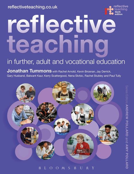 Text: "reflectiveteaching.co.uk", "reflective teaching", "in further, adult and vocational education", Autoren, "BLOOMSBURY". Hintergrund: Lila Töne, Kreise und Fotos von Menschen bei der Arbeit.