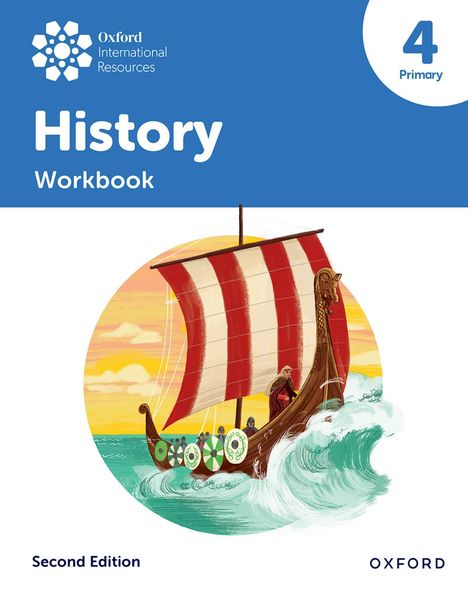 "History Workbook", "4 Primary", "Second Edition". Illustration eines Wikingerboots in stürmischer See bei Sonnenuntergang.