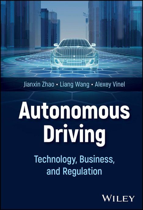 „Autonomous Driving: Technology, Business, and Regulation“ plus Autoren. Illustration eines Gitternetz-Autos in futuristischer Stadt.